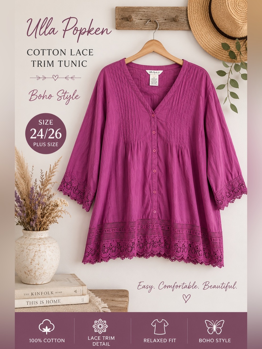 Ulla Popken 100% Cotton Lace Trim Boho Tunic Blouse Plus Size 24/26 Pink